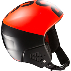 A orange and black ski helmet made by Rossignol using ARPRO (expanded polypropylene) for impact protection