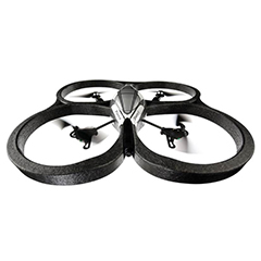 A black Parrot AR drone made from ARPRO (expanded polypropylene) flying 
