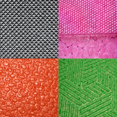 Grey ARPRO (expanded polypropylene) with a indented diamond surface, Dragon Fruit ARPRO with a bumpy dotted surface, Orange ARPRO with a cell structure surface and Lime ARPRO with a multi directional line surface. 