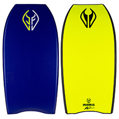 Blue and yellow NMD Jase Finlay body board made from ARPRO (expanded polypropylene)