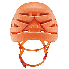 An orange climbing helmet made from ARPRO (expanded polypropylene)