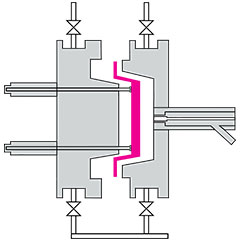 Two dimensional diagram of a grey mould with a magenta moulded ARPRO part being ejected