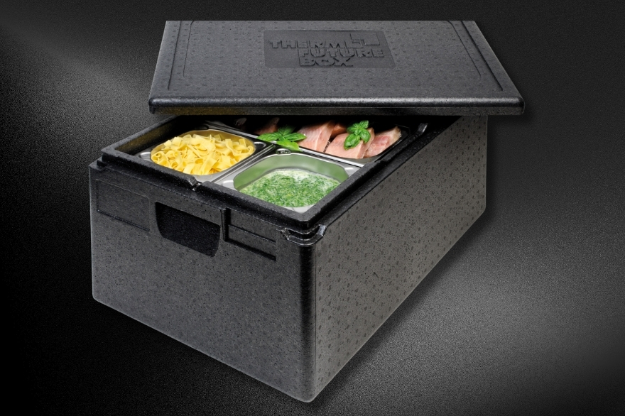 A thermal container for food, made from black ARPRO